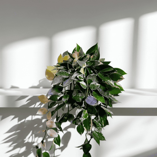 Hoya Plant on White Shelf Hoya plant with variegated leaves on a white shelf, natural light.
